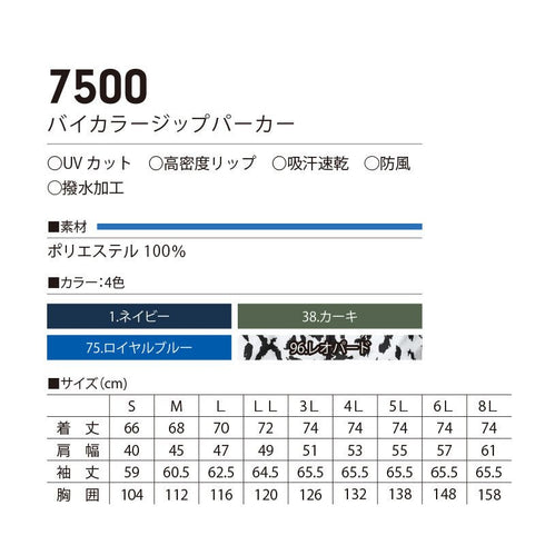 7500 村上被服 バイカラージップパーカー