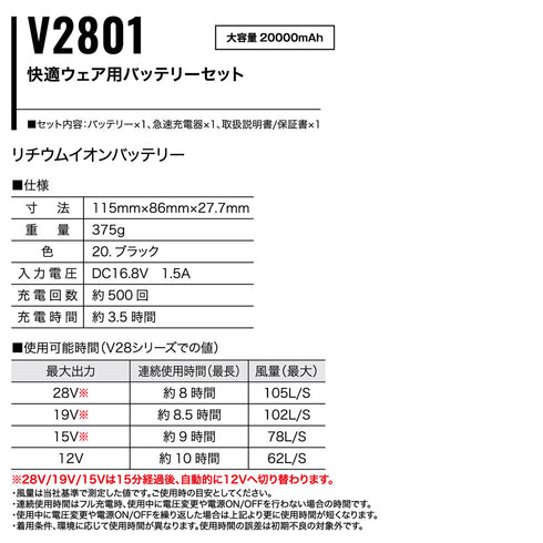 V2801 快適ウェア用 バッテリーセット