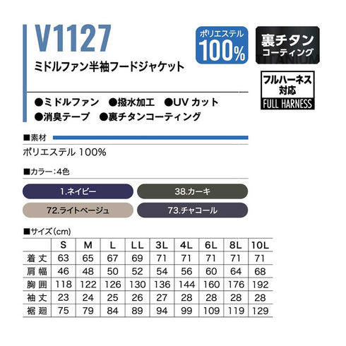 【フルセット】村上被服 HOOH V1127 ミドルファン(ハイバック) 半袖 + SV900 19Vファン・バッテリーセット